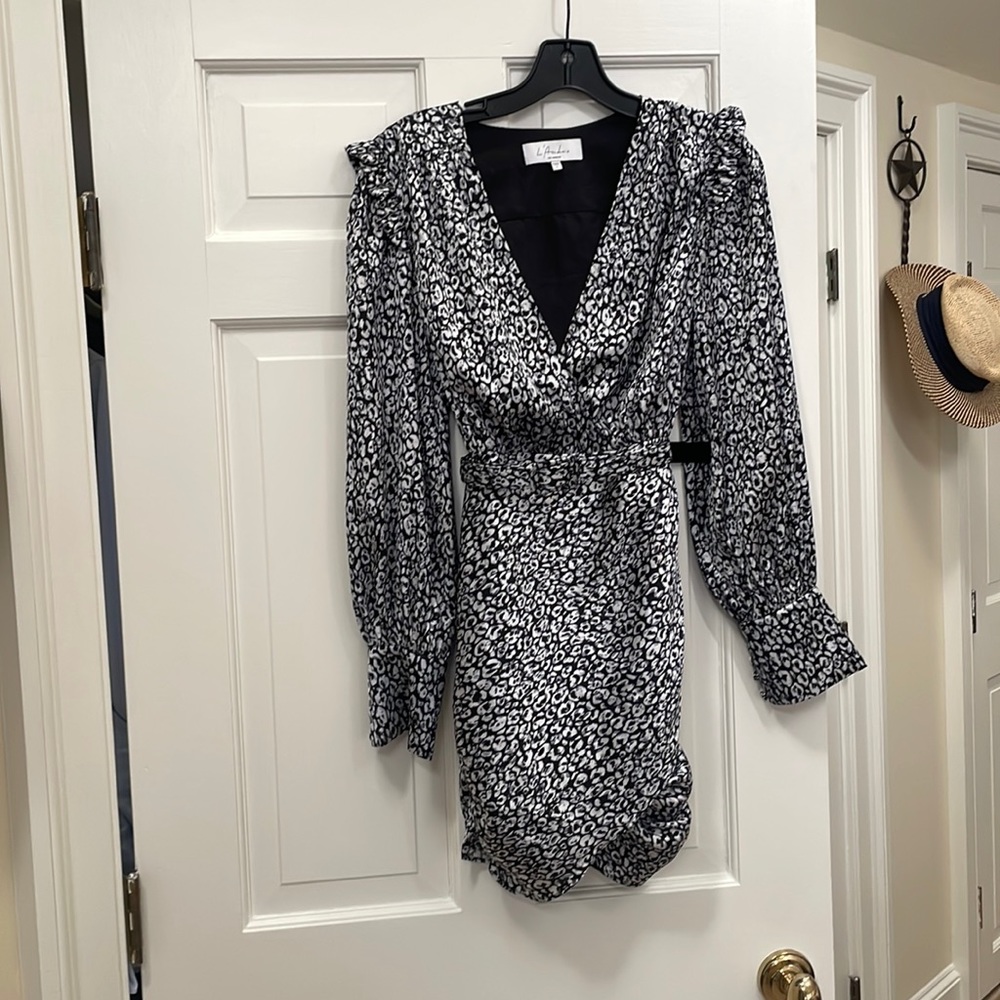L’Acandemie Dress, Xsmall, Party, Black and White Pattern, Satin